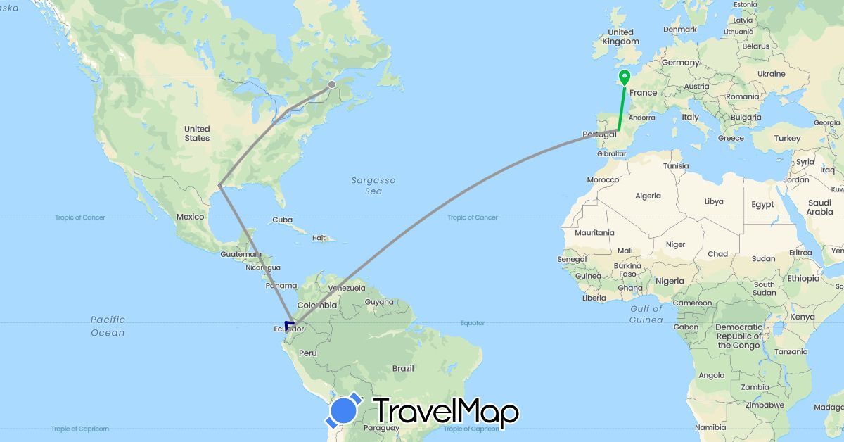 TravelMap itinerary: driving, bus, plane in Canada, Ecuador, Spain, France, United States (Europe, North America, South America)